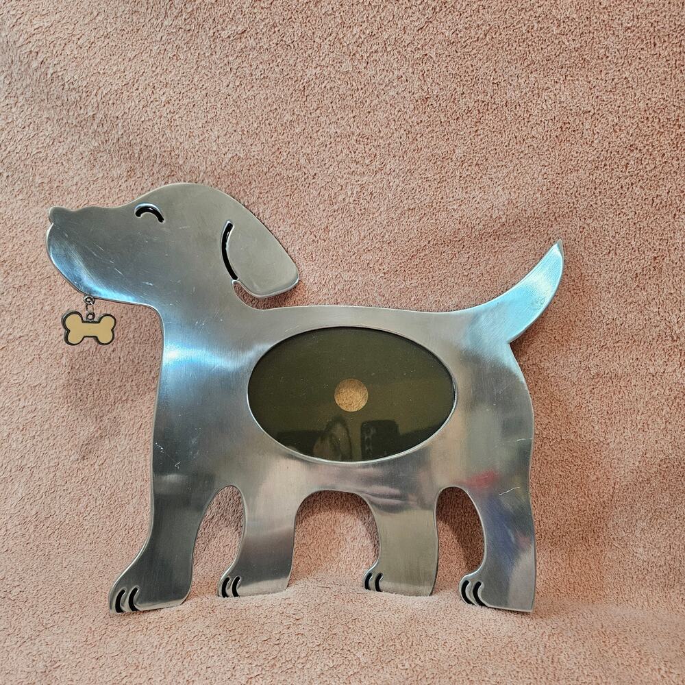 Connoisseur Silver Tone Metal Dog Shaped Picture Frame with Bone Accent- 4x6 pic